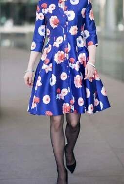Blue Floral Mikado Dress - Size Medium